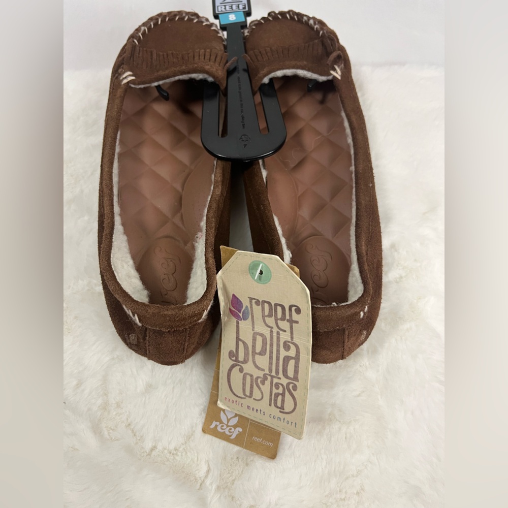 Reef Bella Brown Costas Suede Slip-On Moccasins- Waffle Insole and Winter Lining